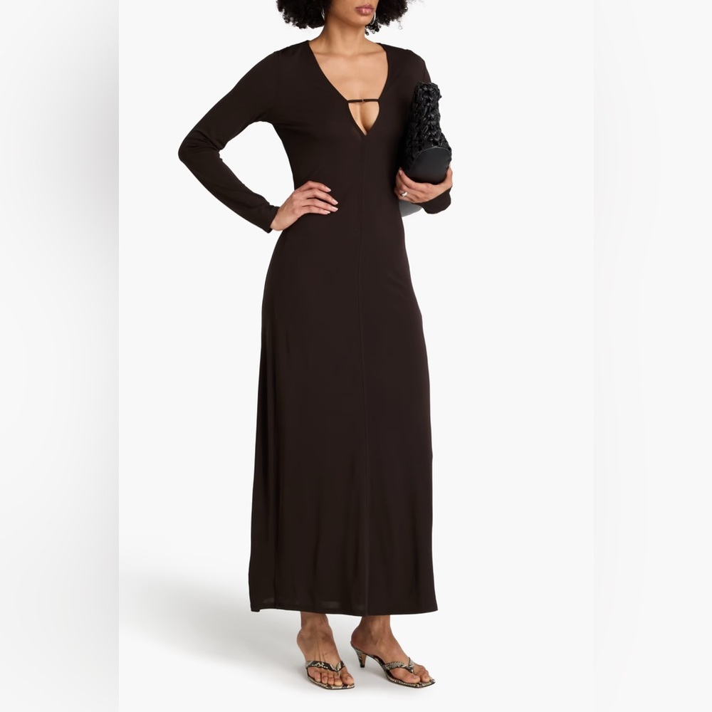 Frame Deep V Jersey Maxi Long Sleeve Dress Chocolate Brown NWT